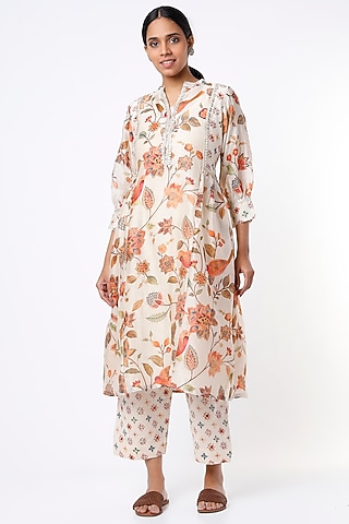 Off White Printed Gathered Kurta Set by Mulberry Blue