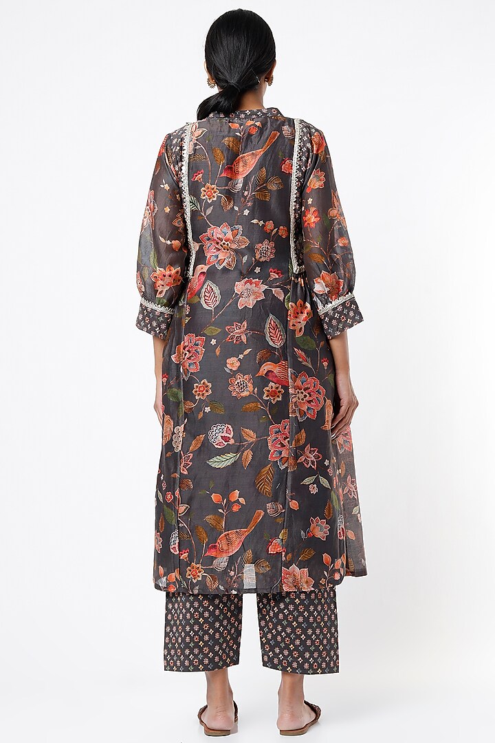 Grey Printed Gathered Kurta Set by Mulberry Blue at Pernia's Pop Up Shop
