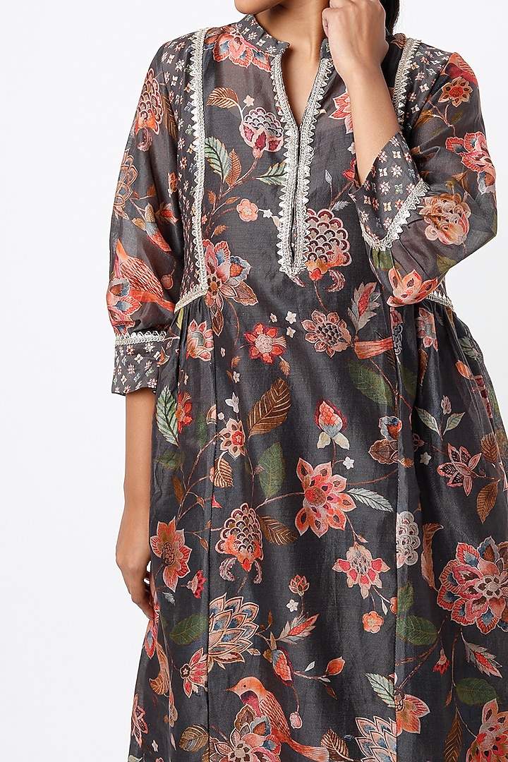Grey Printed Gathered Kurta Set by Mulberry Blue at Pernia's Pop Up Shop