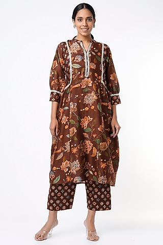 Brown Printed Gathered Kurta Set by Mulberry Blue