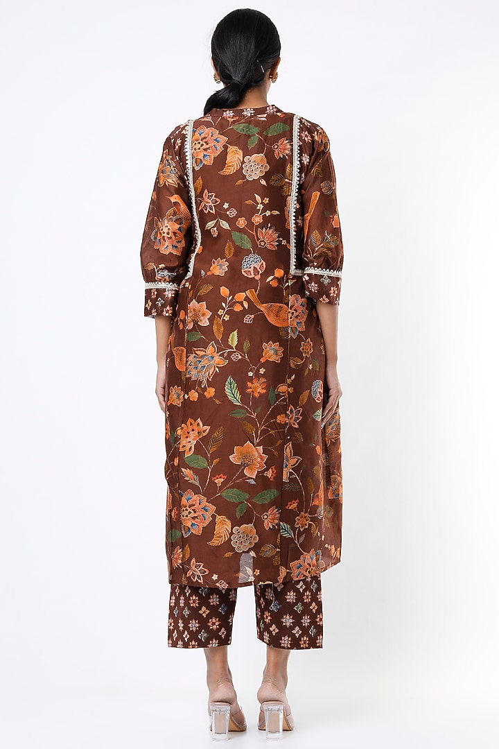 Brown Printed Gathered Kurta Set by Mulberry Blue at Pernia's Pop Up Shop