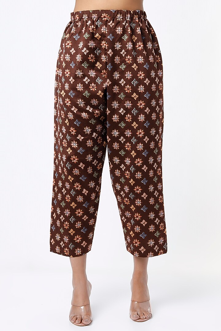 Brown Printed Gathered Kurta Set by Mulberry Blue at Pernia's Pop Up Shop