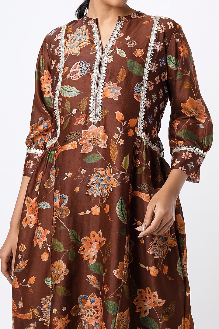 Brown Printed Gathered Kurta Set by Mulberry Blue at Pernia's Pop Up Shop