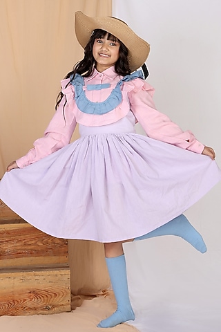 Pink & Purple Cotton Slub Ruffled Dress For Girls by Mulyo Kids