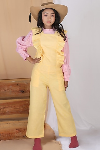 Pink & Yellow Linen Jumpsuit For Girls by Mulyo Kids