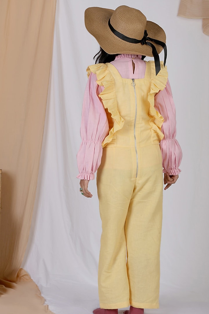 Pink & Yellow Linen Jumpsuit For Girls by Mulyo Kids at Pernia's Pop Up Shop