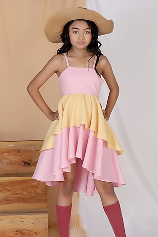 Pink & Yellow Cotton Slub Tiered Dress For Girls by Mulyo Kids