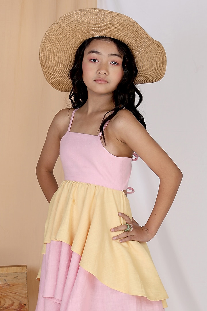 Pink & Yellow Cotton Slub Tiered Dress For Girls by Mulyo Kids at Pernia's Pop Up Shop