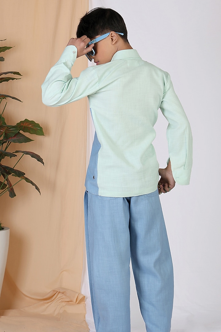 Yellow & Mint Cotton Slub Color-Blocked Shirt For Boys by Mulyo Kids at Pernia's Pop Up Shop