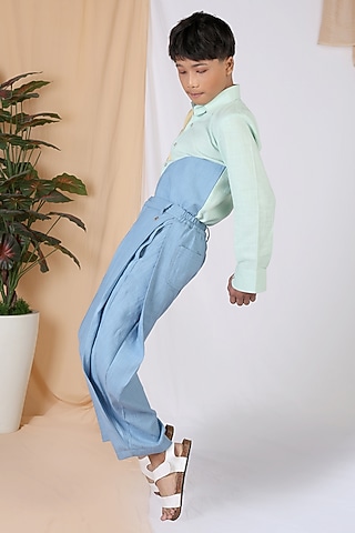 Blue Cotton Slub Pants For Boys by Mulyo Kids