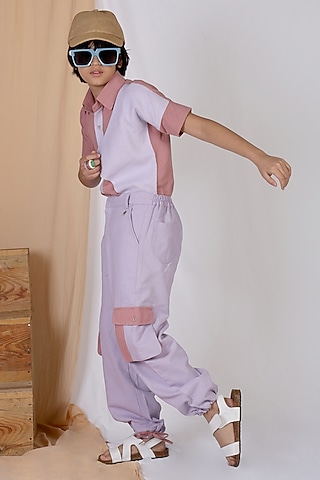Plum Cotton Tencel Color-Blocked Shirt For Boys by Mulyo Kids