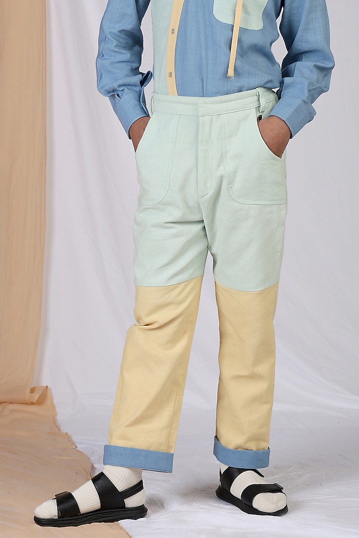 Yellow & Mint Linen Color-Blocked Pants For Boys by Mulyo Kids at Pernia's Pop Up Shop