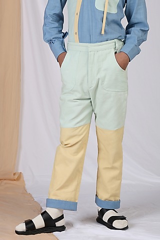 Yellow & Mint Linen Color-Blocked Pants For Boys by Mulyo Kids