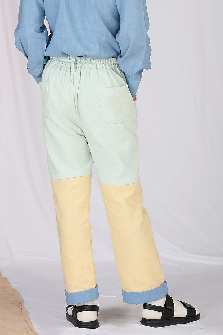 Yellow & Mint Linen Color-Blocked Pants For Boys by Mulyo Kids at Pernia's Pop Up Shop