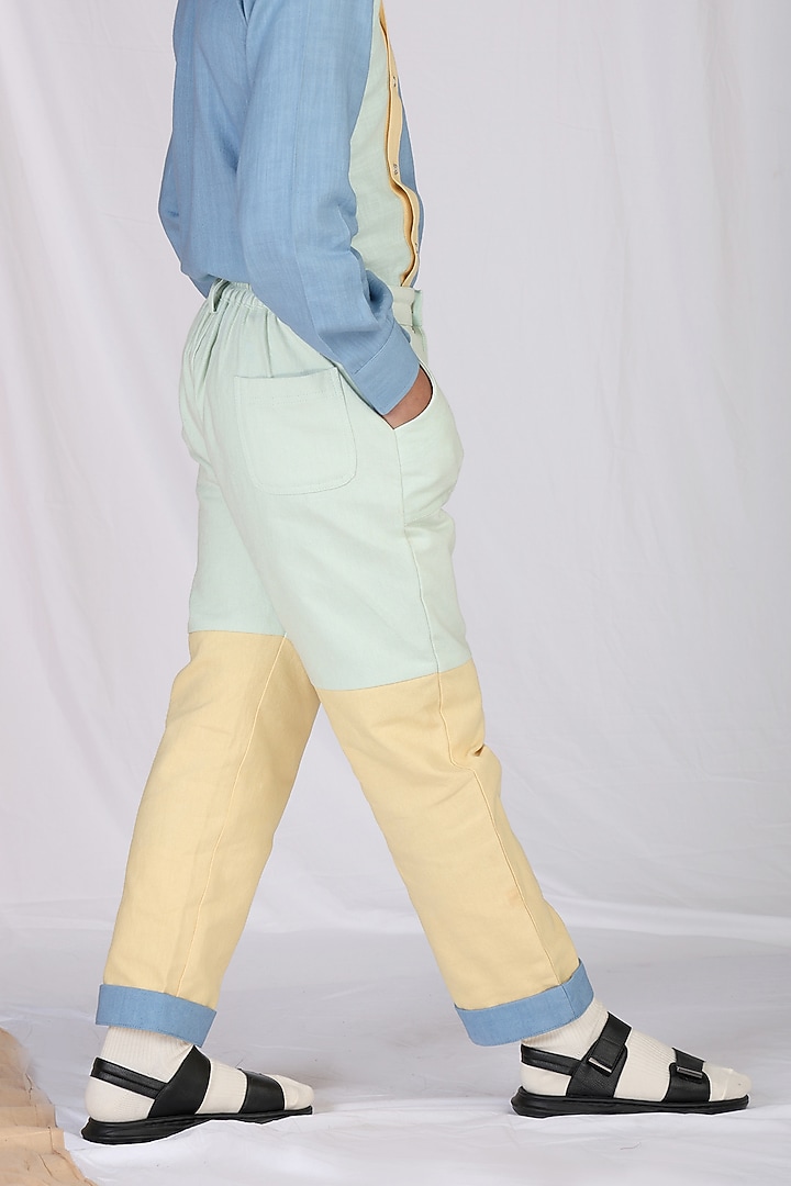 Yellow & Mint Linen Color-Blocked Pants For Boys by Mulyo Kids at Pernia's Pop Up Shop