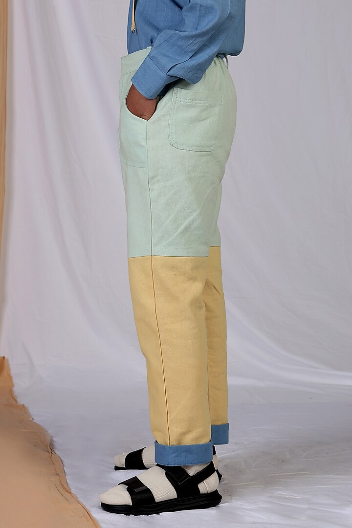 Yellow & Mint Linen Color-Blocked Pants For Boys by Mulyo Kids at Pernia's Pop Up Shop