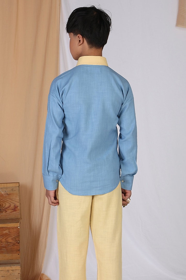 Blue & Yellow Cotton Slub Color-Blocked Co-Ord Set For Boys by Mulyo Kids at Pernia's Pop Up Shop