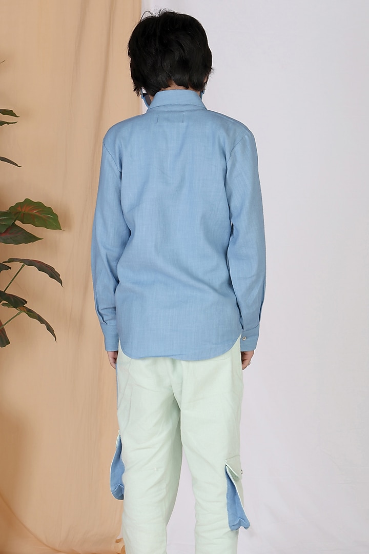 Blue Cotton Slub Color-Blocked Shirt For Boys by Mulyo Kids at Pernia's Pop Up Shop
