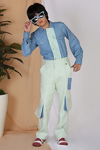 Mint Cotton Tencel Cargo Pants For Boys by Mulyo Kids