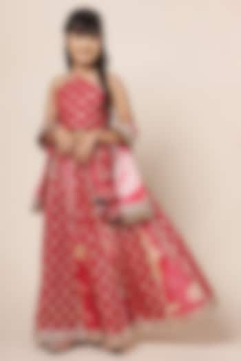 Crimson Red Cotton Chinon Printed & Embellished Lehenga Set For Girls by Mulyo Kids at Pernia's Pop Up Shop