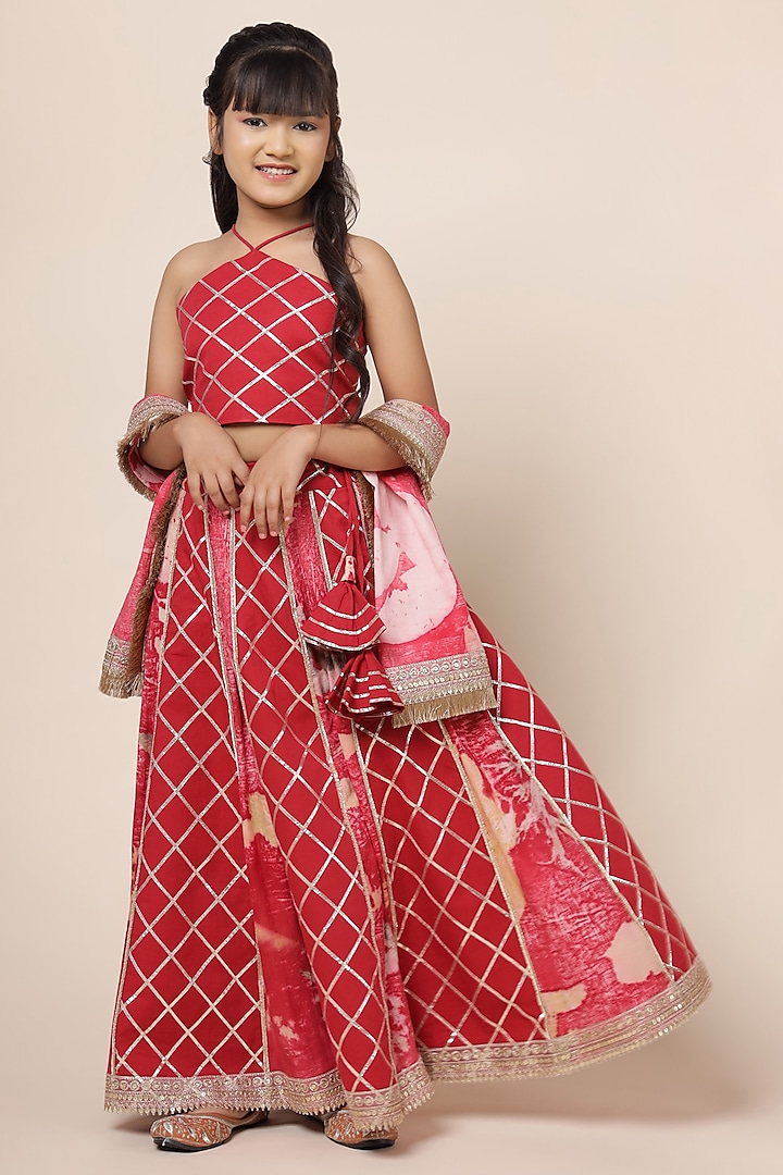 Crimson Red Cotton Chinon Printed & Embellished Lehenga Set For Girls by Mulyo Kids at Pernia's Pop Up Shop