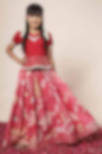 Crimson Red Cotton Chinon Printed Lehenga Set For Girls by Mulyo Kids