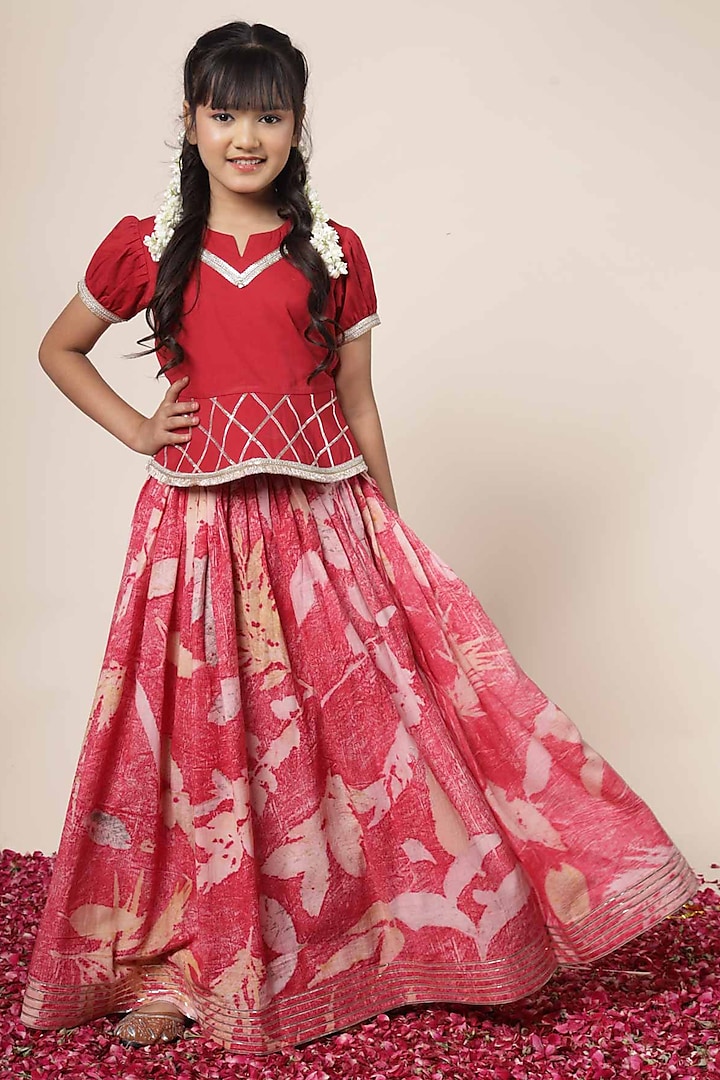 Crimson Red Cotton Chinon Printed Lehenga Set For Girls by Mulyo Kids