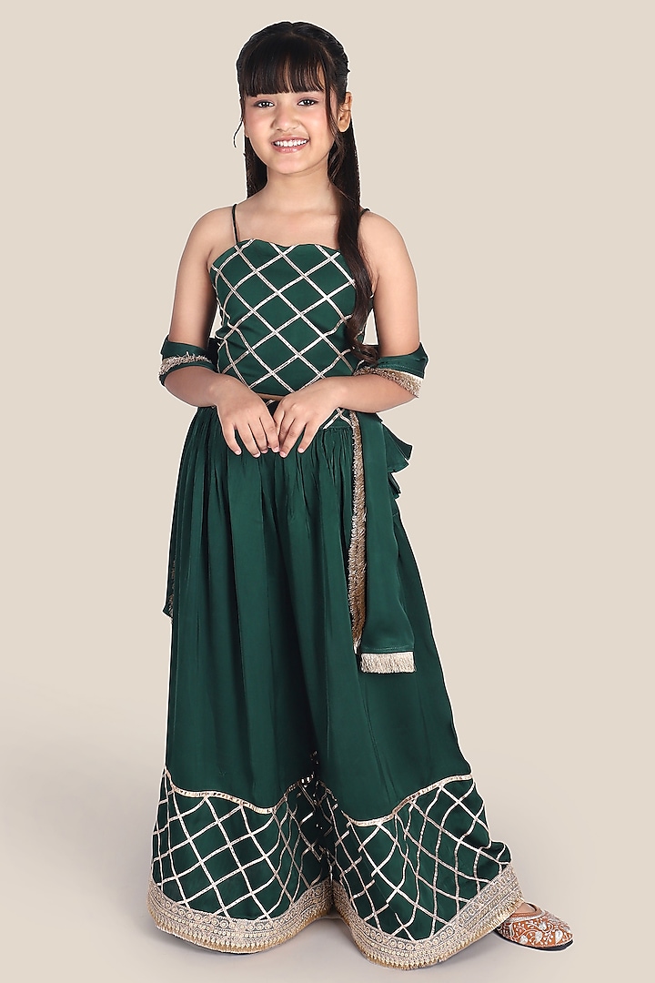 Bottle Green Bemberg Satin Gota Work Palazzo Pant Set For Girls by Mulyo Kids at Pernia's Pop Up Shop