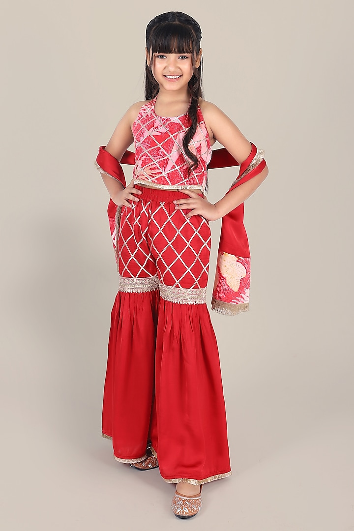 Crimson Red Bemberg Satin Gota Work Sharara Set For Girls by Mulyo Kids at Pernia's Pop Up Shop