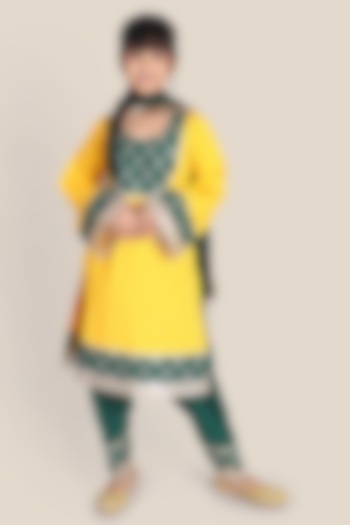 Yellow & Bottle Green Cotton Chinon Lace Work A-Line Kurta Set For Girls by Mulyo Kids at Pernia's Pop Up Shop