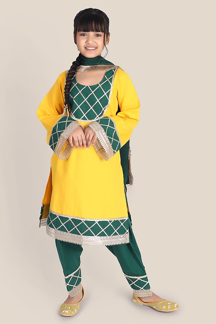 Yellow & Bottle Green Cotton Chinon Lace Work A-Line Kurta Set For Girls by Mulyo Kids at Pernia's Pop Up Shop