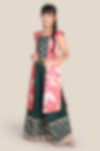 Bottle Green Bemberg Satin Gota Work Palazzo Pant Set For Girls by Mulyo Kids