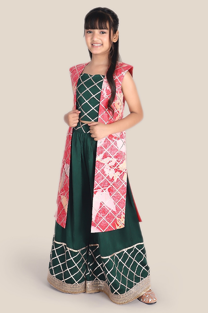 Bottle Green Bemberg Satin Gota Work Palazzo Pant Set For Girls by Mulyo Kids at Pernia's Pop Up Shop