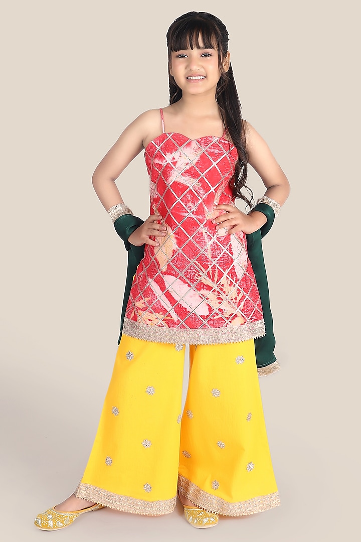 Yellow Cotton Chinon Lace Work Palazzo Pant Set For Girls by Mulyo Kids at Pernia's Pop Up Shop