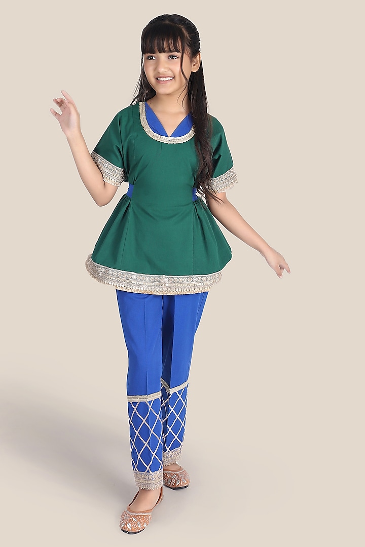 Royal Blue Cotton Chinon Pant Set For Girls by Mulyo Kids