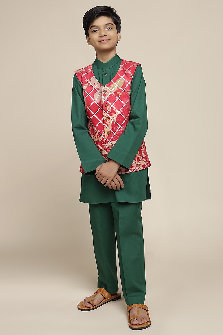 Crimson Red Cotton Chinon Printed Nehru Jacket Set For Boys by Mulyo Kids