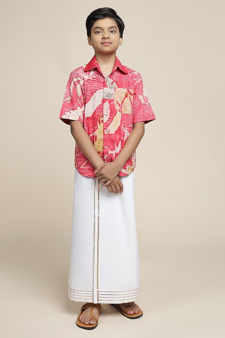 White Cotton Chinon Dhoti Set For Boys by Mulyo Kids