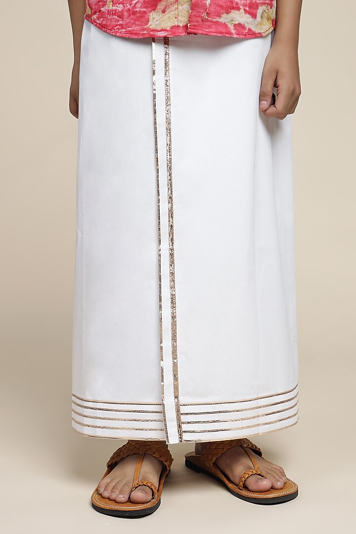 White Cotton Chinon Dhoti Set For Boys by Mulyo Kids at Pernia's Pop Up Shop