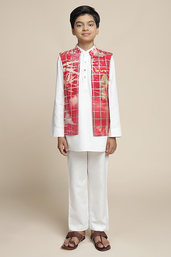 Crimson Red Cotton Chinon Printed Nehru Jacket Set For Boys by Mulyo Kids