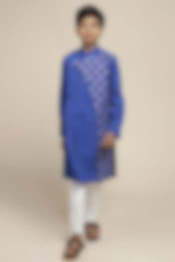 Royal Blue Cotton Chinon Kurta Set For Boys by Mulyo Kids