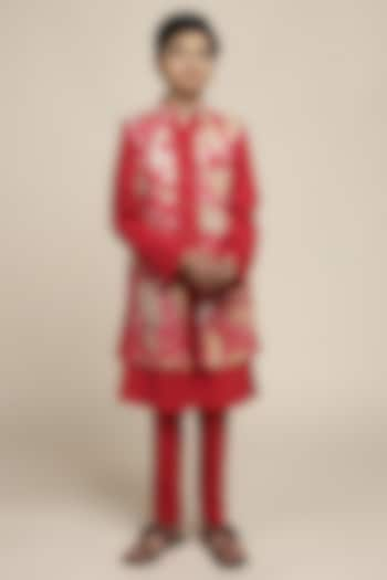 Crimson Red Cotton Chinon Printed Nehru Jacket Set For Boys by Mulyo Kids