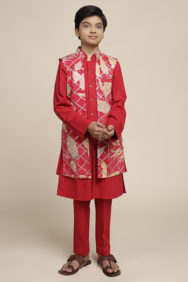 Crimson Red Cotton Chinon Printed Nehru Jacket Set For Boys by Mulyo Kids