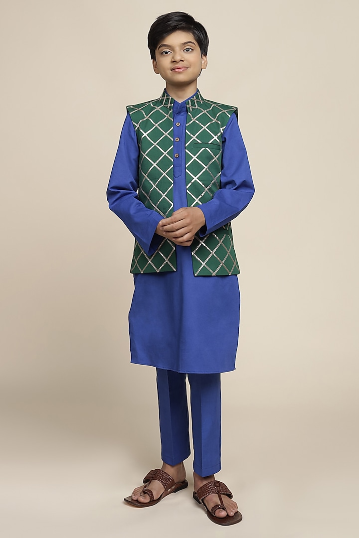 Bottle Green Cotton Chinon Gota Work Nehru Jacket Set For Boys by Mulyo Kids