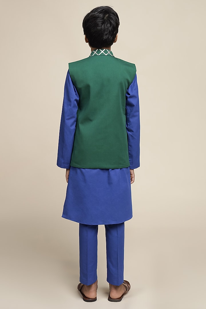 Bottle Green Cotton Chinon Gota Work Nehru Jacket Set For Boys by Mulyo Kids at Pernia's Pop Up Shop
