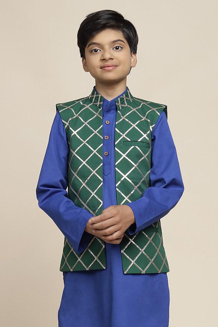 Bottle Green Cotton Chinon Gota Work Nehru Jacket Set For Boys by Mulyo Kids at Pernia's Pop Up Shop