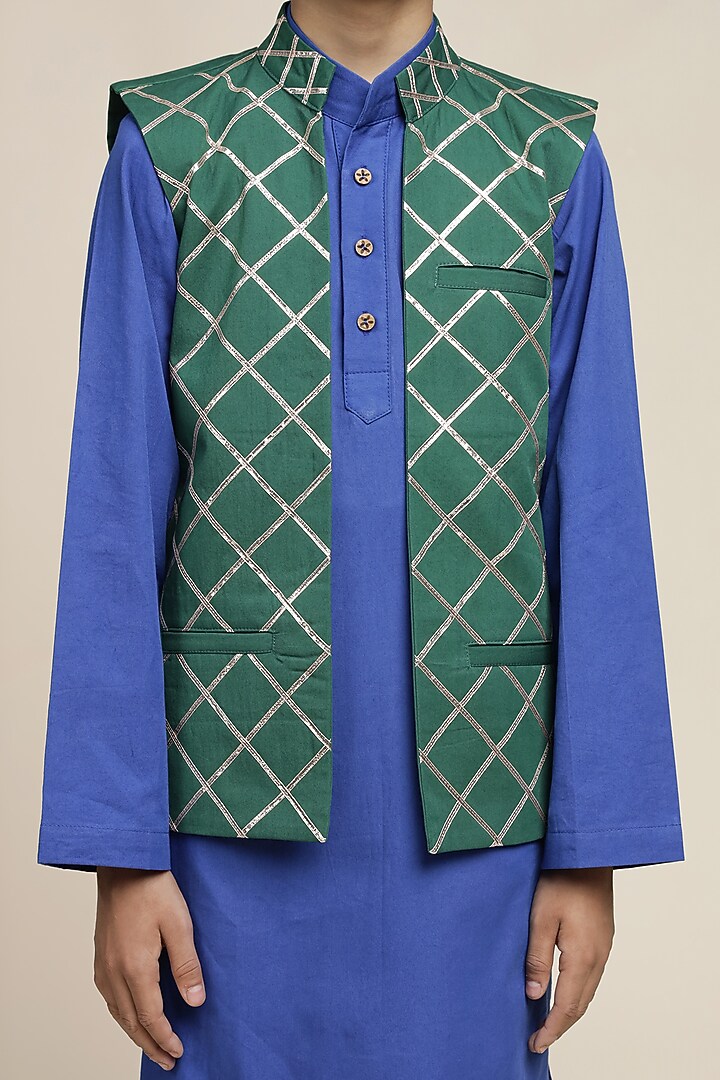 Bottle Green Cotton Chinon Gota Work Nehru Jacket Set For Boys by Mulyo Kids at Pernia's Pop Up Shop