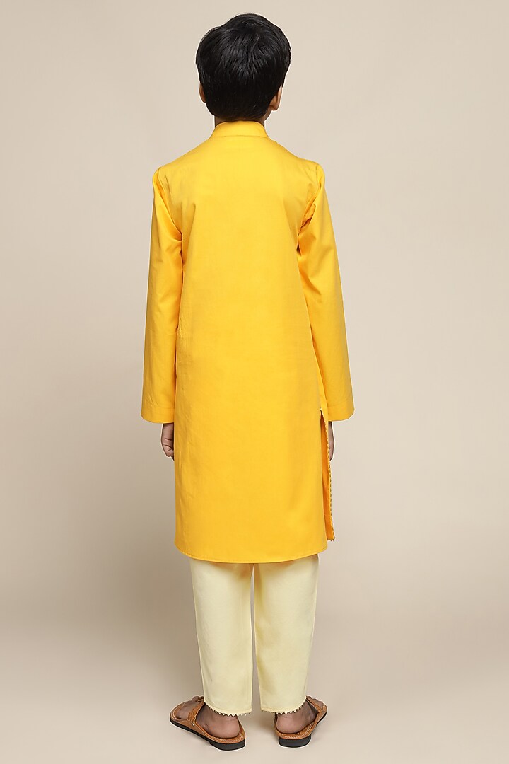 Yellow Cotton Chinon Angrakha Kurta Set For Boys by Mulyo Kids at Pernia's Pop Up Shop