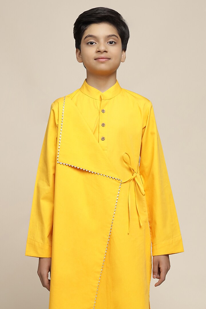 Yellow Cotton Chinon Angrakha Kurta Set For Boys by Mulyo Kids at Pernia's Pop Up Shop