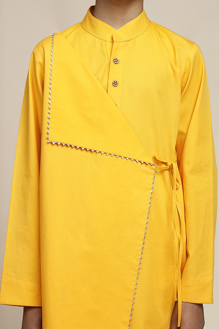 Yellow Cotton Chinon Angrakha Kurta Set For Boys by Mulyo Kids at Pernia's Pop Up Shop