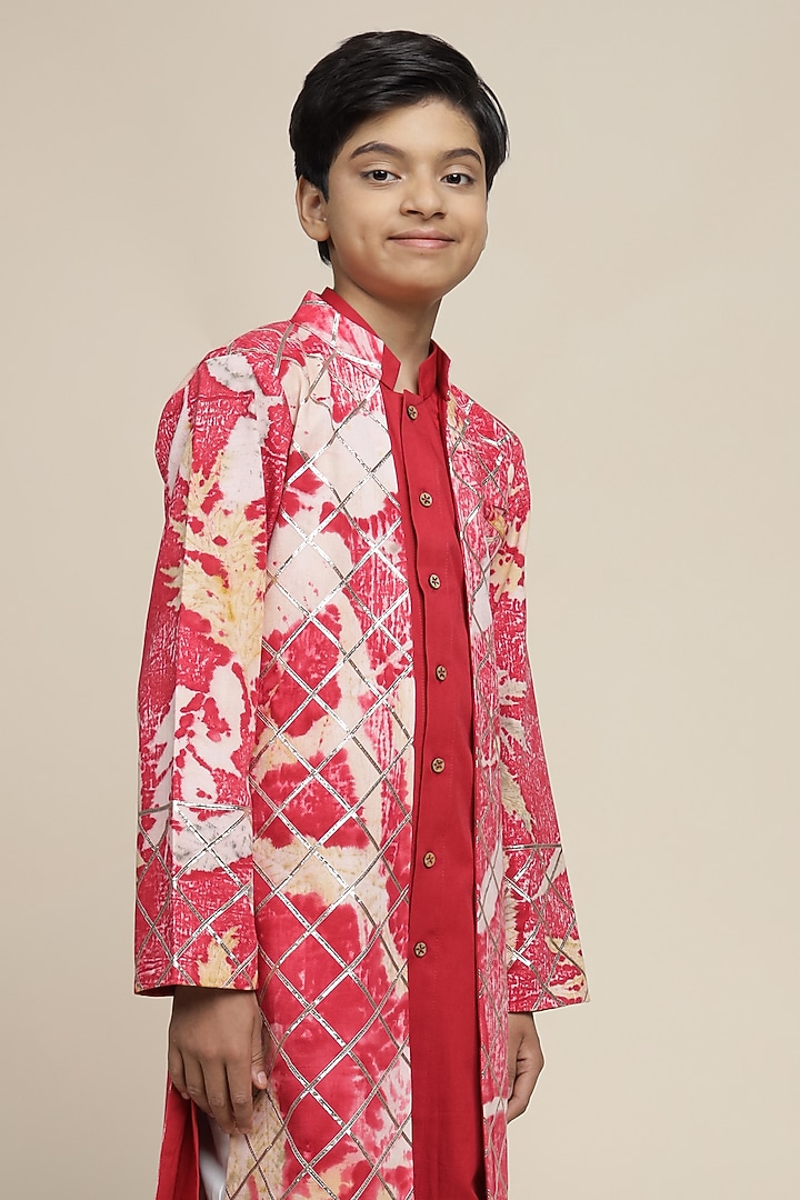 Crimson Red Cotton Chinon Printed Jacket Set For Boys by Mulyo Kids at Pernia's Pop Up Shop
